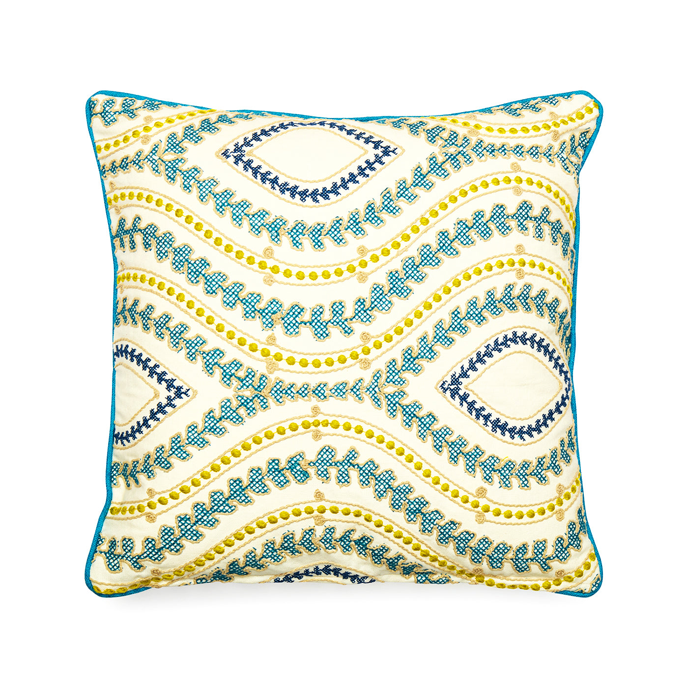 Dual tone blues and yellows square cushion featuring intricate Blendworth Villefranche embroidery. The detailed stitching forms wavy geometric patterns, showcasing artisanal craftsmanship and superior textural quality.