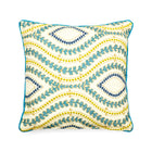 Dual tone blues and yellows square cushion featuring intricate Blendworth Villefranche embroidery. The detailed stitching forms wavy geometric patterns, showcasing artisanal craftsmanship and superior textural quality.