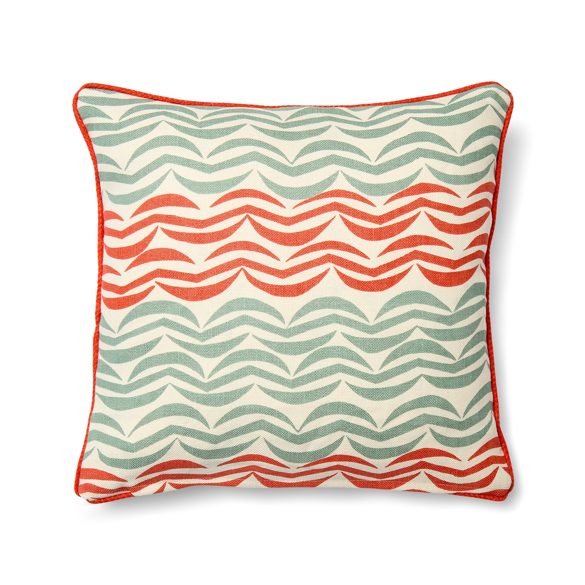Design Studio cushion featuring a bold, woven pattern of orange and grey waves arranged in a subtly irregular striped formation. The textured fabric is framed by a vibrant, contrasting tangerine piped edge, highlighting the rhythmic and graphic nature of the design.