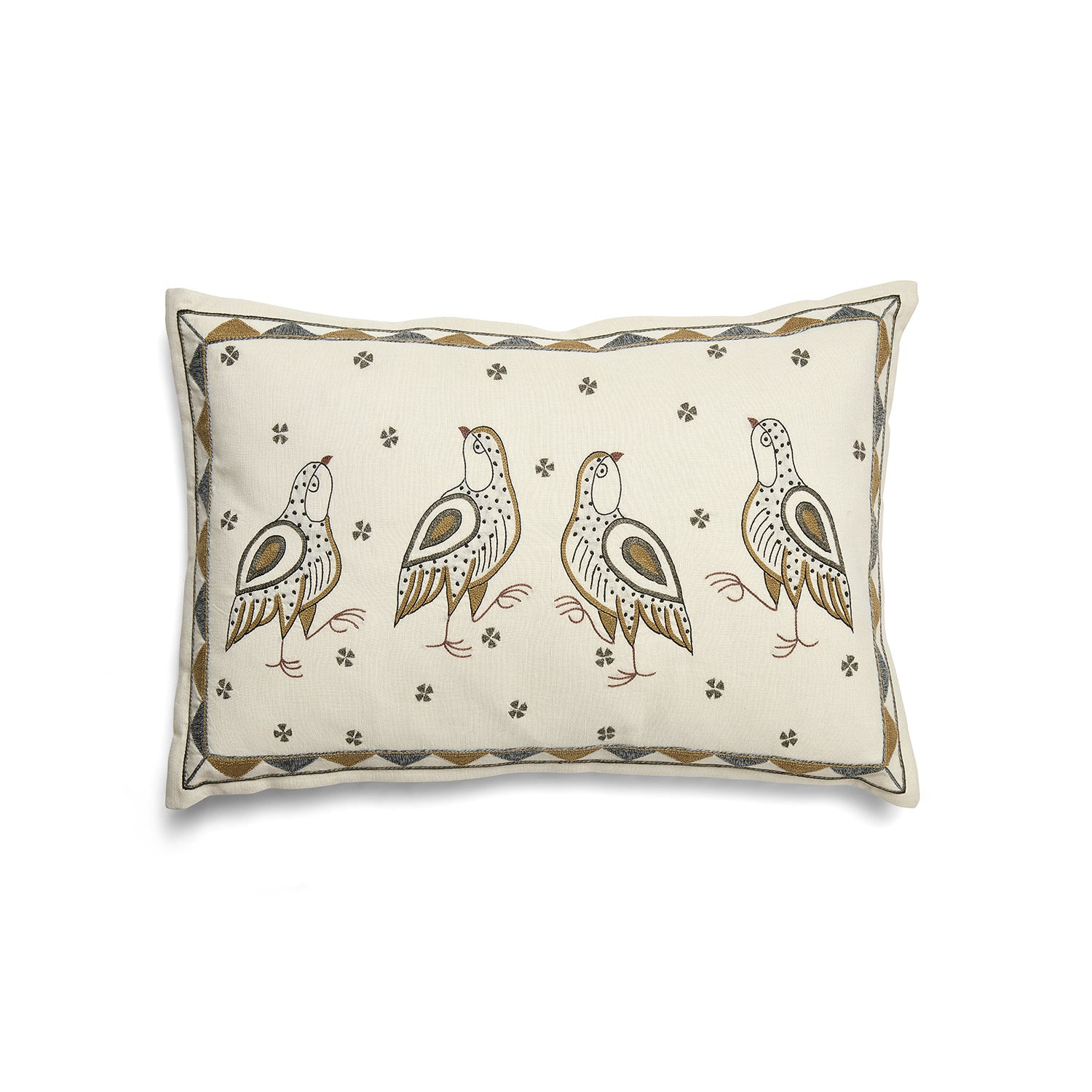 A rectangular linen and cotton blend cushion featuring hand-embroidered birds in earth tones, part of the Kit Kemp Wee Beasties collection.