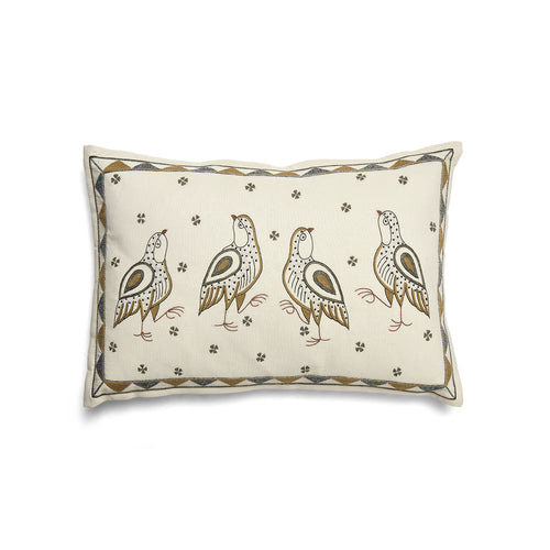 A rectangular linen and cotton blend cushion featuring hand-embroidered birds in earth tones, part of the Kit Kemp Wee Beasties collection.