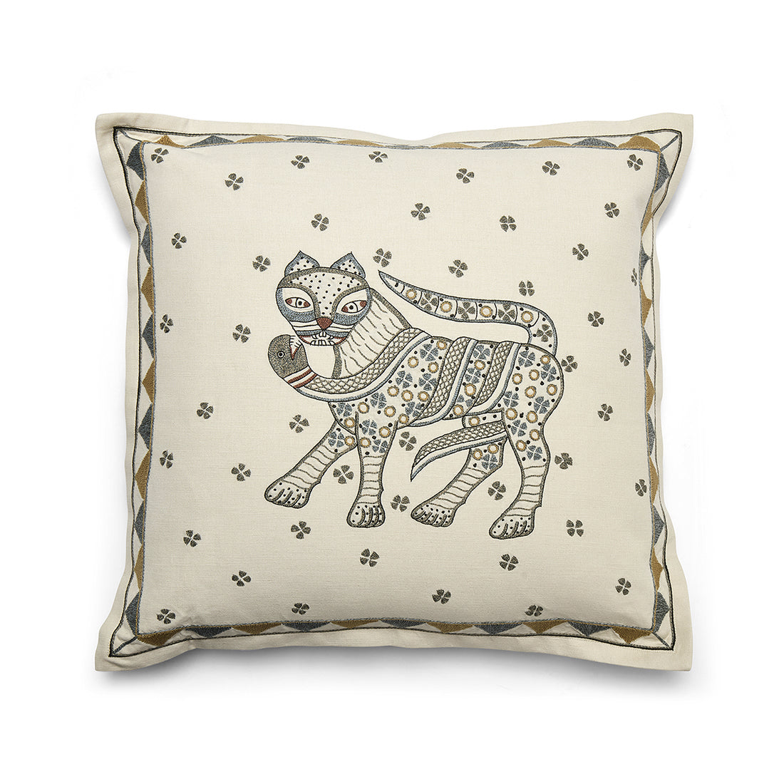 A square linen and cotton blend cushion featuring a hand-embroidered cat in a balletic pose, captured in a muted earth-tone palette.