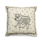 A square linen and cotton blend cushion featuring a hand-embroidered cat in a balletic pose, captured in a muted earth-tone palette.