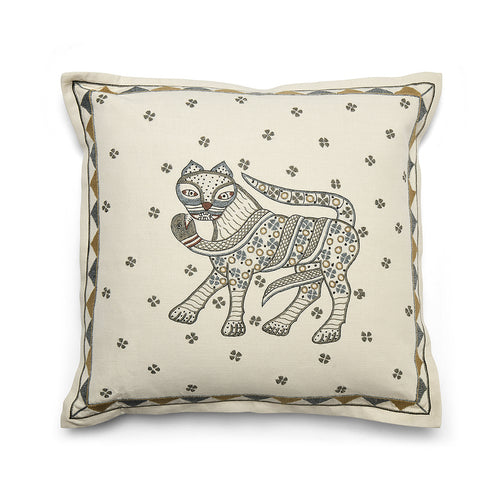 A square linen and cotton blend cushion featuring a hand-embroidered cat in a balletic pose, captured in a muted earth-tone palette.