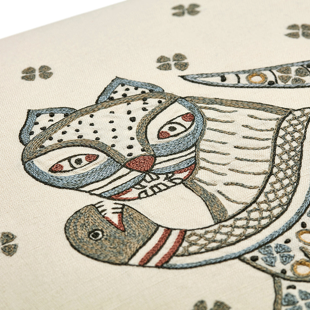 Close-up of the intricate hand-stitched detailing on the Wee Beasties Cat cushion, highlighting the tactile quality of the artisan needlework.