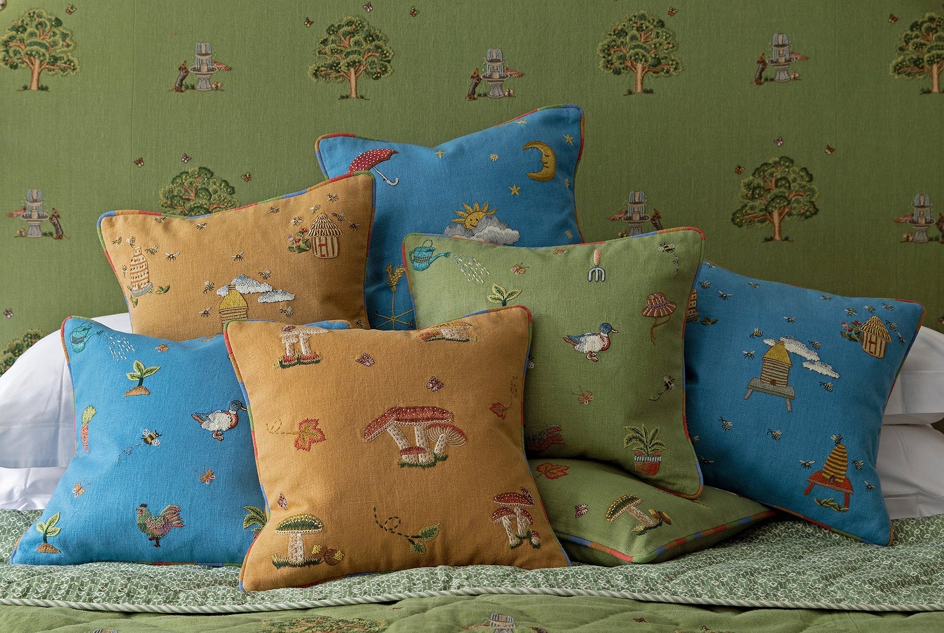 New launch, the Weekend Collection by Kit Kemp, in collaboration with Chelsea Textiles, featuring hand embroidered characters and botanical details inspired by the English countryside. 