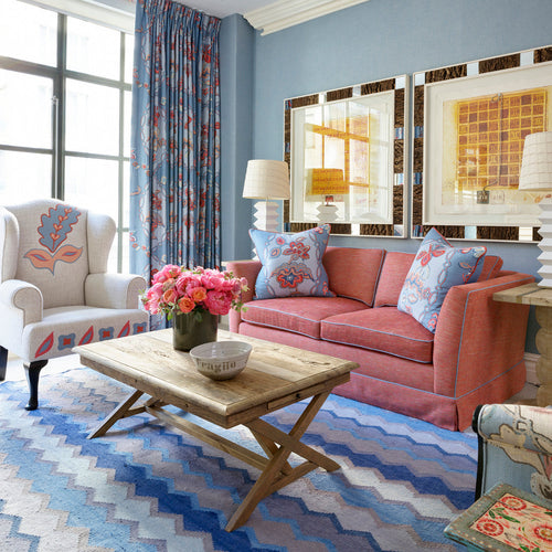 Safety Net rug in Blue tones as showcased in the Whitby Hotel in New York, designed by Kit Kemp in collaboration with Annie Selke.