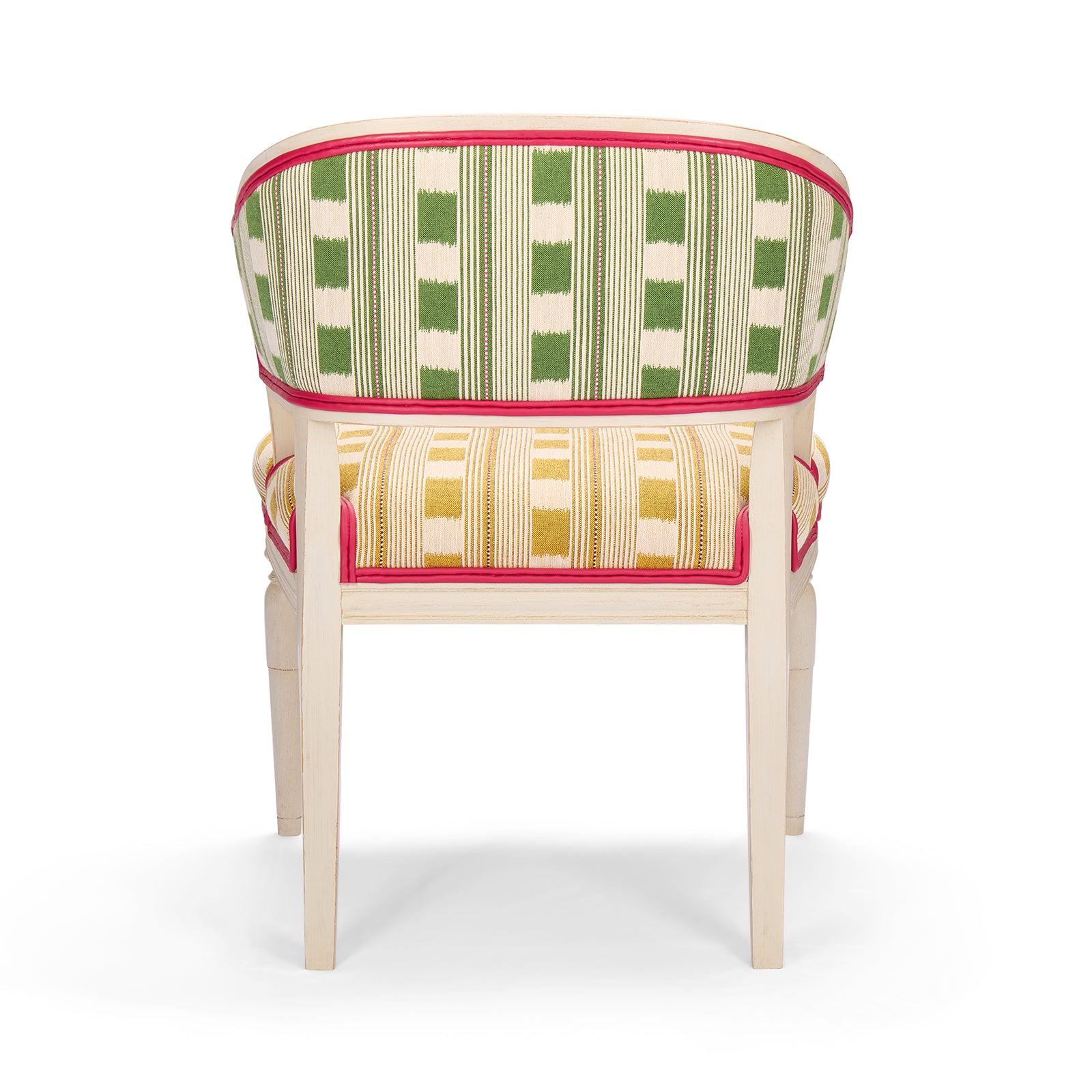 Two tone, green and golden yellow, versions of Lost and Found fabrics, used on seat and reverse part of Whitby chair, offset with contrasting pink leather piping. 