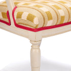 Close up on Whitby chair edge, with two layers of pink leather piping around the front and back of the chair. 