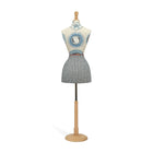 Mannequin wearing a patterned dress on a white background