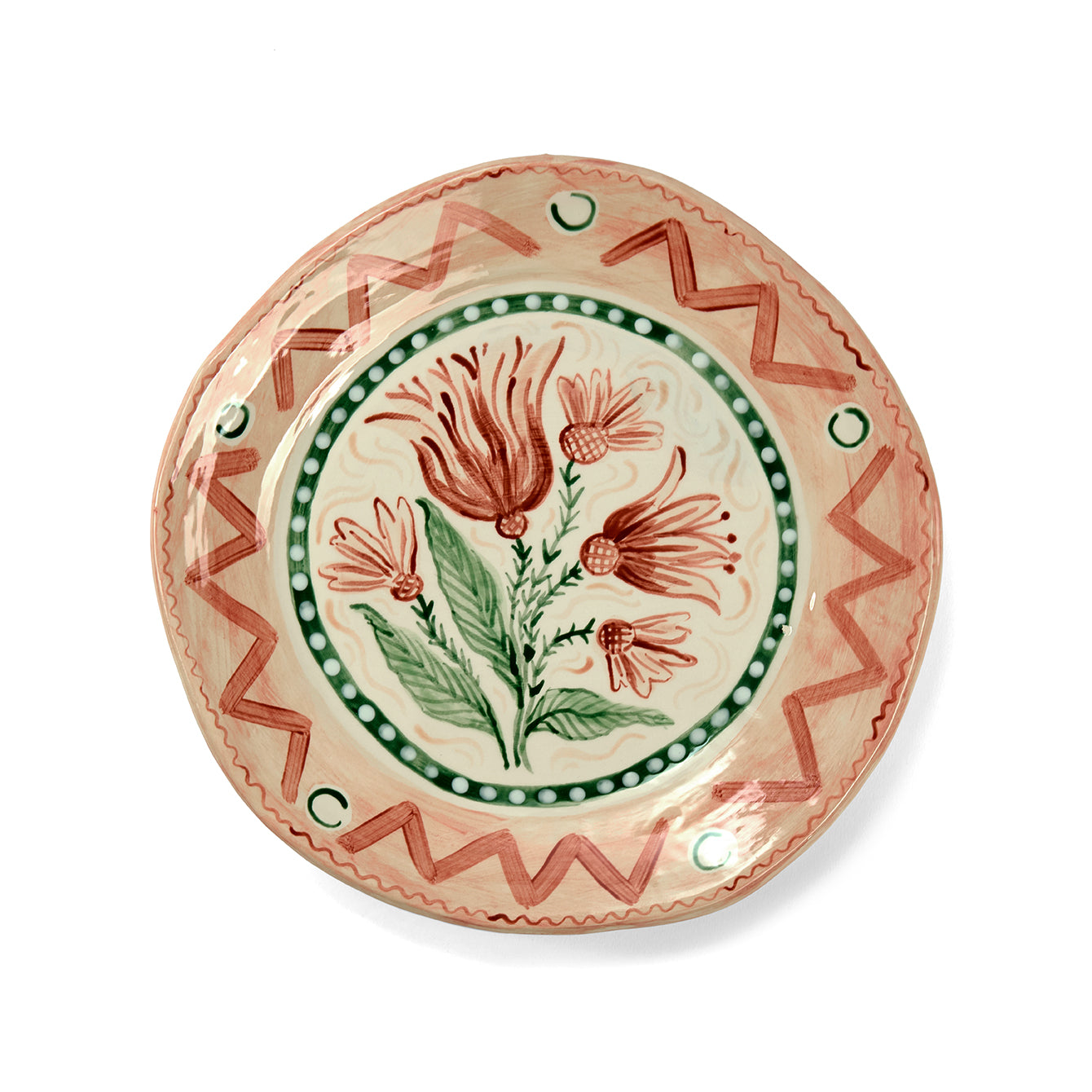 Sasha Compton 27cm glazed handmade ceramic plate titled Wild Tulips in the Meadow, exclusively for Shop Kit Kemp