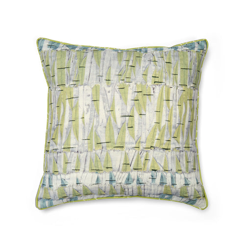Kit's willow fabric in pale green and aqua blue is used in this 45cm x 45cm feather filled cushion