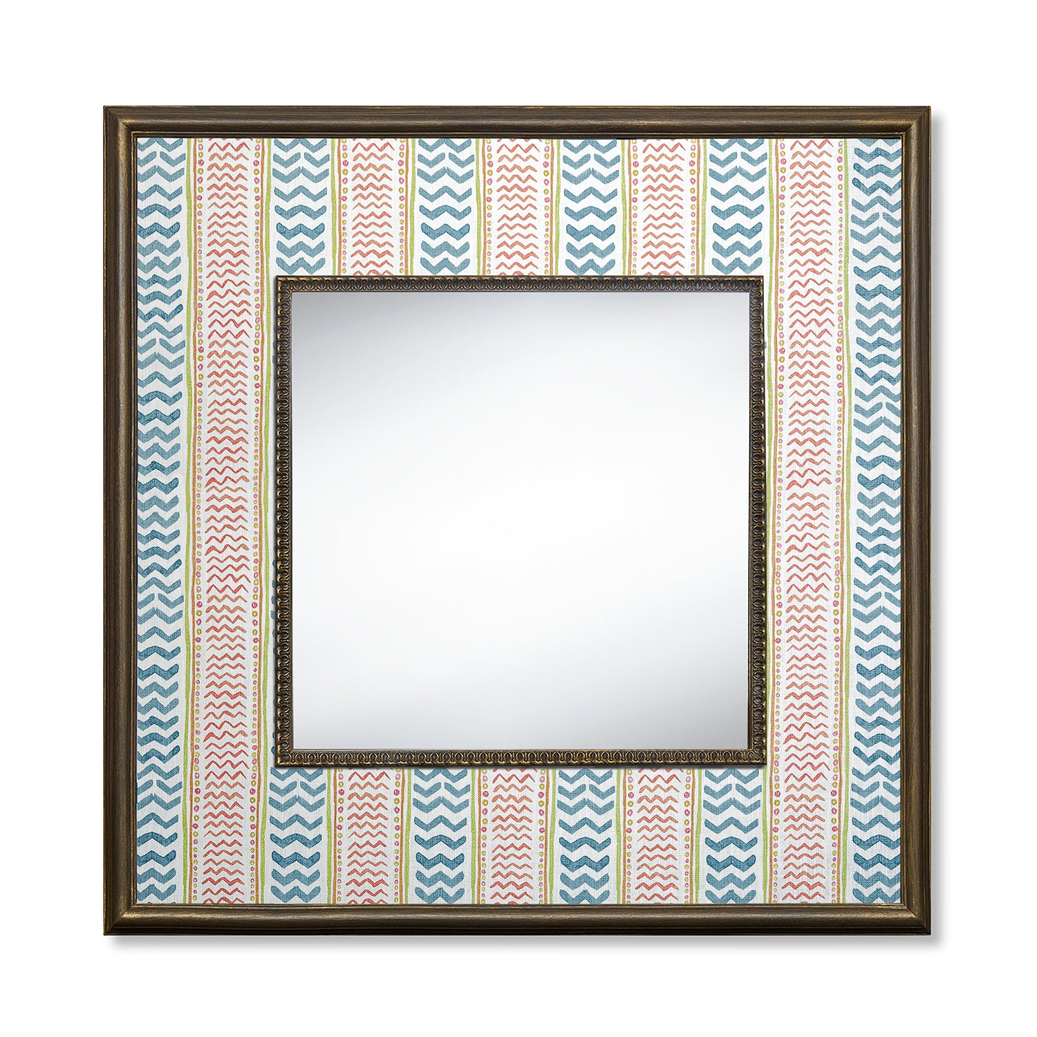 Wriggle Room Fabric Mirror with a playful, small-scale geometric pattern and a fresh take on traditional stripes. At first glance, it appears to be a simple vertical stripe, but upon closer inspection, you’ll notice painterly horizontal lines that create depth and movement. This intricate detailing makes it a versatile choice, perfect for adding texture through upholstery, mirror frames, or soft furnishings.  