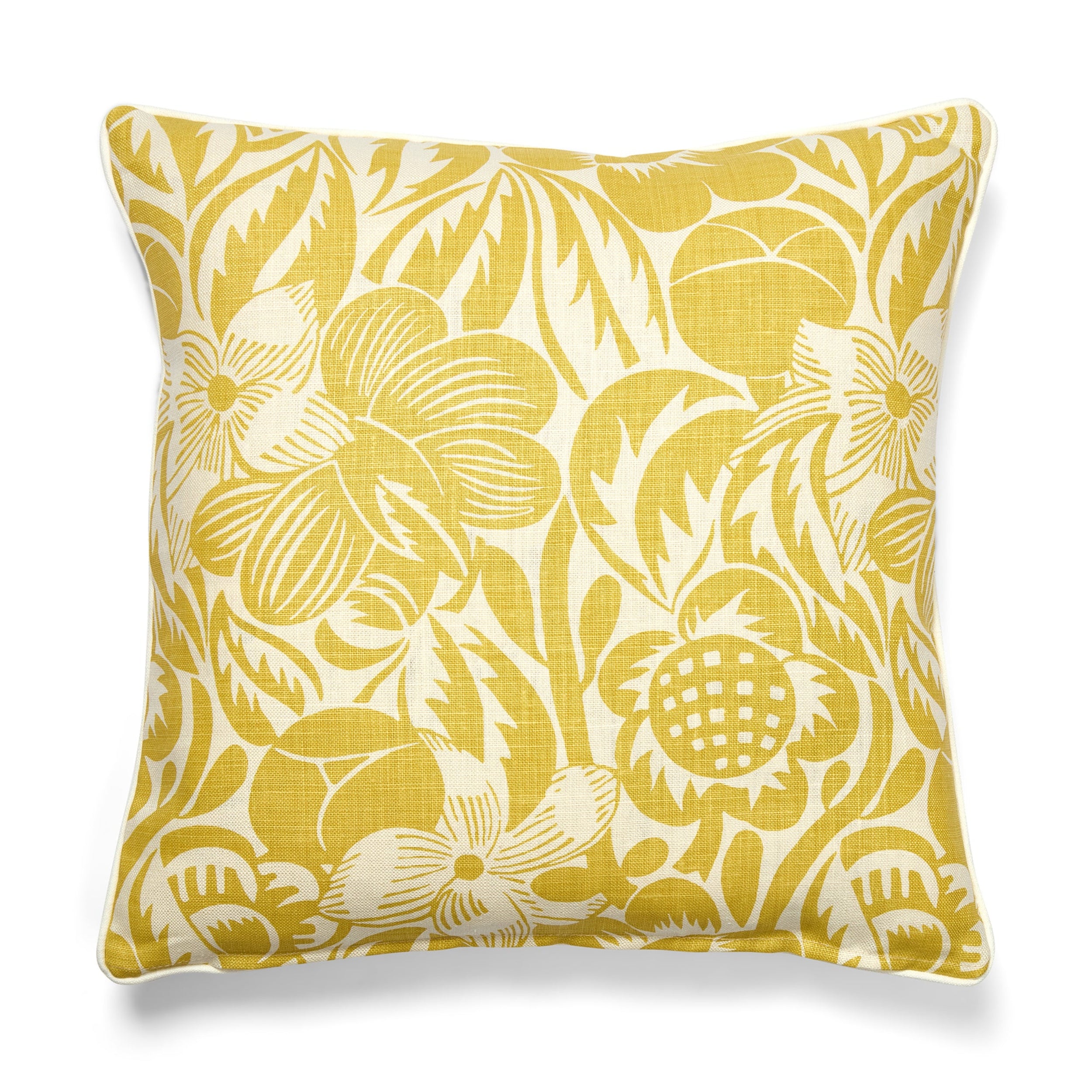 Yellow floral patterned pillow on a white background