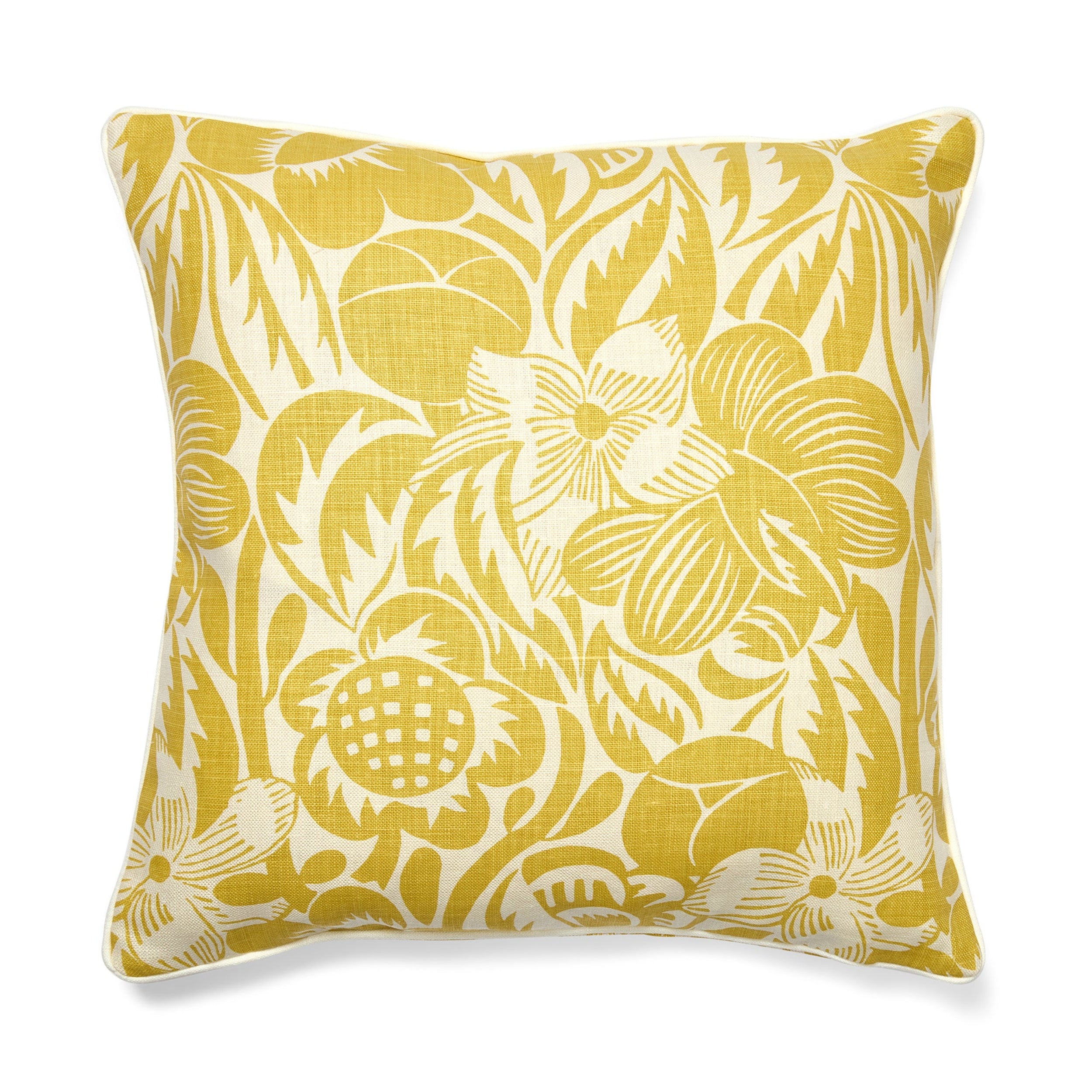 Yellow floral patterned pillow on a white background