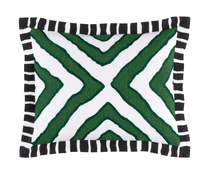 Colorful chevron stripe is outlined in a silky, hand embroidered satin stitch to accentuate its contrast. The graphic black striped flanged border has mitred corners for a tailored finish.