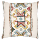 Kit's Ashenwood fabric is a linen base on which an ikat inspired design is hand-embroidered in soft blue, green ,red and yellow wool, to make a beautifully detailed cushion, with a contrasting reverse printed in Willow in soft green, and blue. Size: 50x50cm/18.5x18.5in Content : front: 100% linen /100% wool embroidery. :back:100% linen