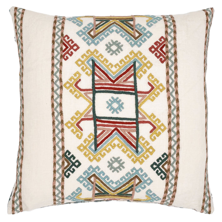 Kit's Ashenwood fabric is a linen base on which an ikat inspired design is hand-embroidered in soft blue, green ,red and yellow wool, to make a beautifully detailed cushion, with a contrasting reverse printed in Willow in soft green, and blue. Size: 50x50cm/18.5x18.5in Content : front: 100% linen /100% wool embroidery. :back:100% linen