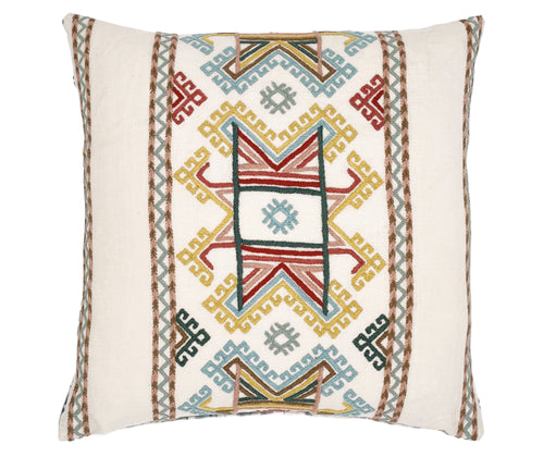 Kit's Ashenwood fabric is a linen base on which an ikat inspired design is hand-embroidered in soft blue, green ,red and yellow wool, to make a beautifully detailed cushion, with a contrasting reverse printed in Willow in soft green, and blue. Size: 50x50cm/18.5x18.5in Content : front: 100% linen /100% wool embroidery. :back:100% linen