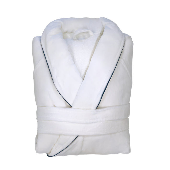 White bathrobe with blue piping detail folded.