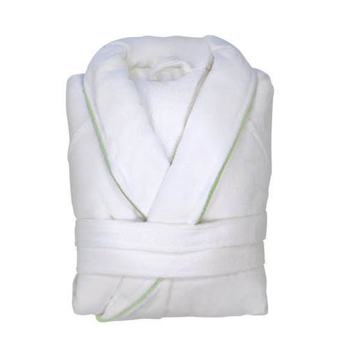 White bathrobe with lime green piping detail folded.