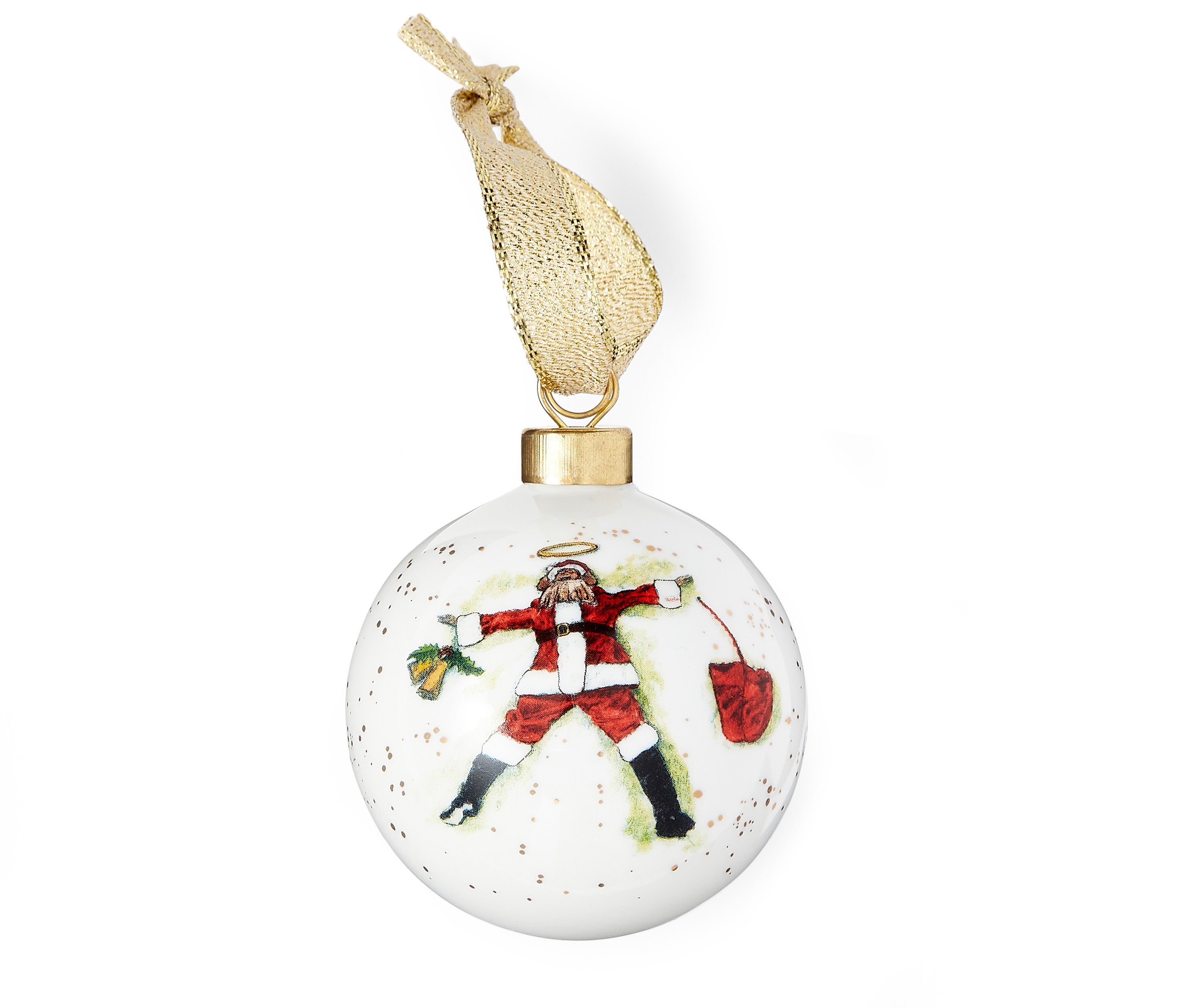 This special Christmas white china bauble, is speckled in gold, and is an addition to the doodle collection featuring a Santa, making snow angels, and is tied with a gold gauze ribbon.