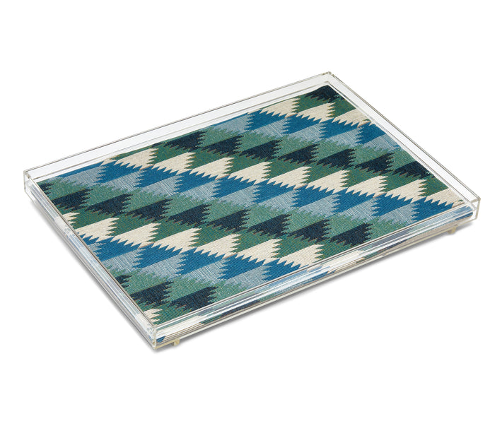 Busy Lizzie acrylic tray with a mixture of vintage weaves and geometric pattern in tones of blue, green and cream