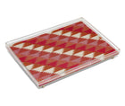 Busy Lizzie acrylic tray with a mixture of vintage weaves and geometric pattern in tones of red, brown, cream and pink