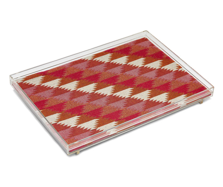 Busy Lizzie acrylic tray with a mixture of vintage weaves and geometric pattern in tones of red, brown, cream and pink