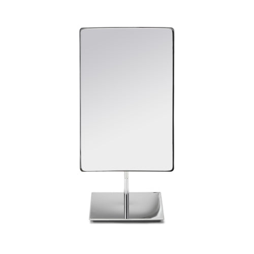 Small Rectangular standalone chrome bathroom mirror,(concave) is made bespoke to our specifications, has 5x magnification, a recessed bevel edge in order to avoid chipping and a tilt handle to allow you to adjust the mirror as required, without smudging the glass. - pictured face on. Size: w:132mm x h:212mm ( 5.2 w x 8.35 h)