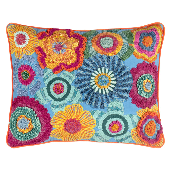 Introducing Kit Kemp's Bramble hand embroidered Cushion, from her New Forest Collection with Annie Selke. This wonderful cushion is bursting with hand embroidered florals, embellished with ribbons and boucle yarn to produce a cushions that is overflowing with design detail and colour,in orange,red and blue. This rectangular cushion is piped in velvet and has a plain reverse. 