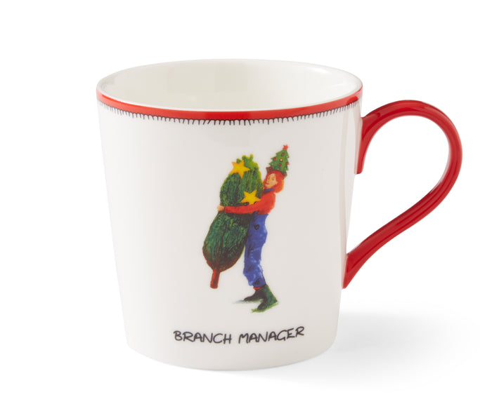 This special Christmas edition to the Doodle collection illustrates the struggle of tree buying under the Branch Manager tag line, and is a fun festive edition to your mug collection. A white mug with red handle and rim, decorated with a lady dressed in blue dungarees, and red top hugging a Christmas tree. 