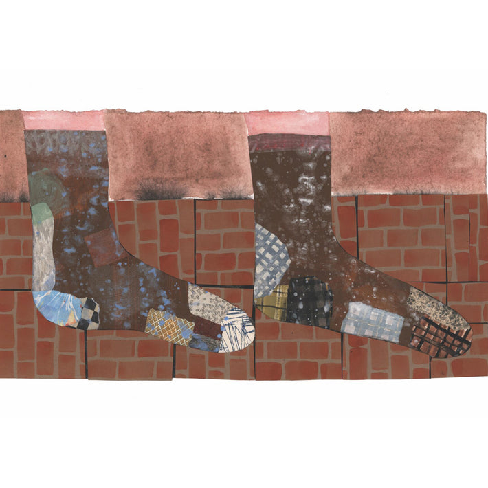 Artwork by Jo Waterhouse showing a pair of brown patchwork socks in front of a brick wall