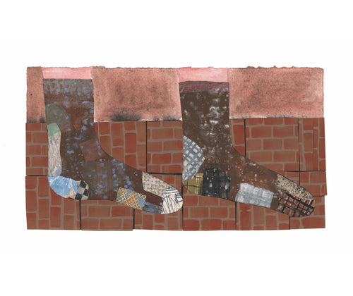 Artwork by Jo Waterhouse showing a pair of brown patchwork socks in front of a brick wall