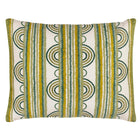 Kit Kemp's Button Cushion, from her New Forest Collection with Annie Selke, is beautifully crafted using a cotton linen blend, this texture rich rectangular cushion, is artfully constructed to really amplified this variegated stripe and loop design in shades of green and olive on a ecru base. 