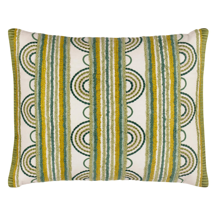 Kit Kemp's Button Cushion, from her New Forest Collection with Annie Selke, is beautifully crafted using a cotton linen blend, this texture rich rectangular cushion, is artfully constructed to really amplified this variegated stripe and loop design in shades of green and olive on a ecru base. 