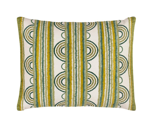 Kit Kemp's Button Cushion, from her New Forest Collection with Annie Selke, is beautifully crafted using a cotton linen blend, this texture rich rectangular cushion, is artfully constructed to really amplified this variegated stripe and loop design in shades of green and olive on a ecru base. 