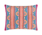 Kit Kemp's Button Cushion, from her New Forest Collection with Annie Selke, is beautifully crafted using a cotton linen blend, this texture rich rectangular cushion, is artfully constructed to really amplified this variegated stripe and loop design in bright pinks, and orange and yellows on blue base. 