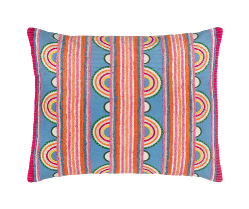 Kit Kemp's Button Cushion, from her New Forest Collection with Annie Selke, is beautifully crafted using a cotton linen blend, this texture rich rectangular cushion, is artfully constructed to really amplified this variegated stripe and loop design in bright pinks, and orange and yellows on blue base. 