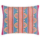 Kit Kemp's Button Cushion, from her New Forest Collection with Annie Selke, is beautifully crafted using a cotton linen blend, this texture rich rectangular cushion, is artfully constructed to really amplified this variegated stripe and loop design in bright pinks, and orange and yellows on blue base. 