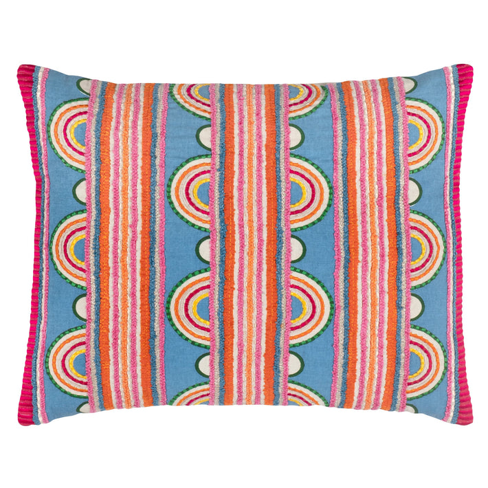 Kit Kemp's Button Cushion, from her New Forest Collection with Annie Selke, is beautifully crafted using a cotton linen blend, this texture rich rectangular cushion, is artfully constructed to really amplified this variegated stripe and loop design in bright pinks, and orange and yellows on blue base. 