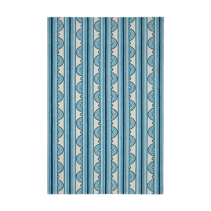 Part of Kit Kemp's new collection, with Annie Selke for spring Button is a Hand-Micro Hooked Wool Rug with a lively loop and stripe design in variegated shades of blue, and ecru. Size: 8 x10 Pile Height: 0.5