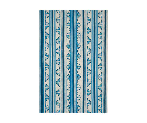 Part of Kit Kemp's new collection, with Annie Selke for spring Button is a Hand-Micro Hooked Wool Rug with a lively loop and stripe design in variegated shades of blue, and ecru. Size: 8 x10 Pile Height: 0.5