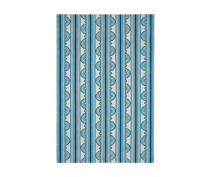 Part of Kit Kemp's new collection, with Annie Selke for spring Button is a Hand-Micro Hooked Wool Rug with a lively loop and stripe design in variegated shades of blue, and ecru. Size: 8 x10 Pile Height: 0.5