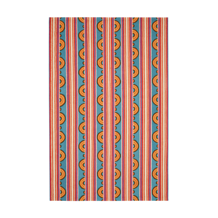 Part of Kit Kemp's new collection, with Annie Selke for spring Button is a Hand-Micro Hooked Wool Rug with a lively loop and stripe design in variegated bright shades of red, yellow , and blue. Size: 8 x 10 Pile Height: 0.5