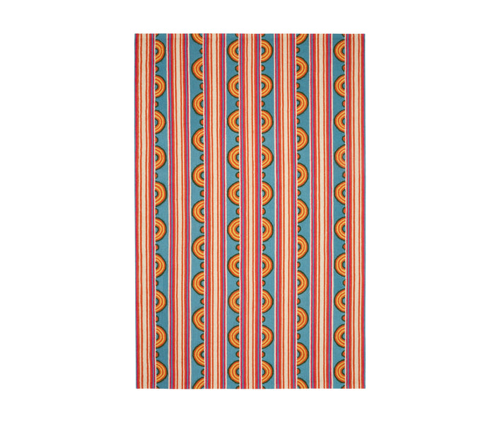 Part of Kit Kemp's new collection, with Annie Selke for spring Button is a Hand-Micro Hooked Wool Rug with a lively loop and stripe design in variegated bright shades of red, yellow , and blue. Size: 8 x 10 Pile Height: 0.5