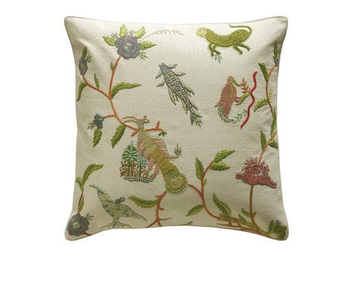 Kit Kemp for Chelsea Textiles. A square hand embroidered cushion featuring Kit Kemp's Mythical Creatures design