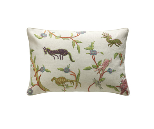 Kit Kemp for Chelsea Textiles. A rectangular hand embroidered cushion featuring Kit Kemp's Mythical Creatures design