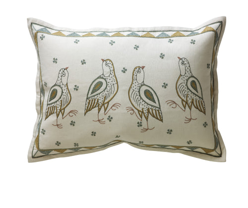 Kit Kemp for Chelsea Textiles. A rectangular hand embroidered cushion featuring the Wee Beasties Birds design. This cushion has four embroidered exotic birds captured in earth tones.