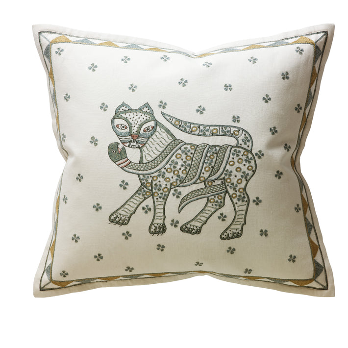 Kit Kemp for Chelsea Textiles. A rectangular hand embroidered cushion in the Wee Beasties Cat design. This cushion features an exotic cat in the centre, captured in earth tones and a muted palette.